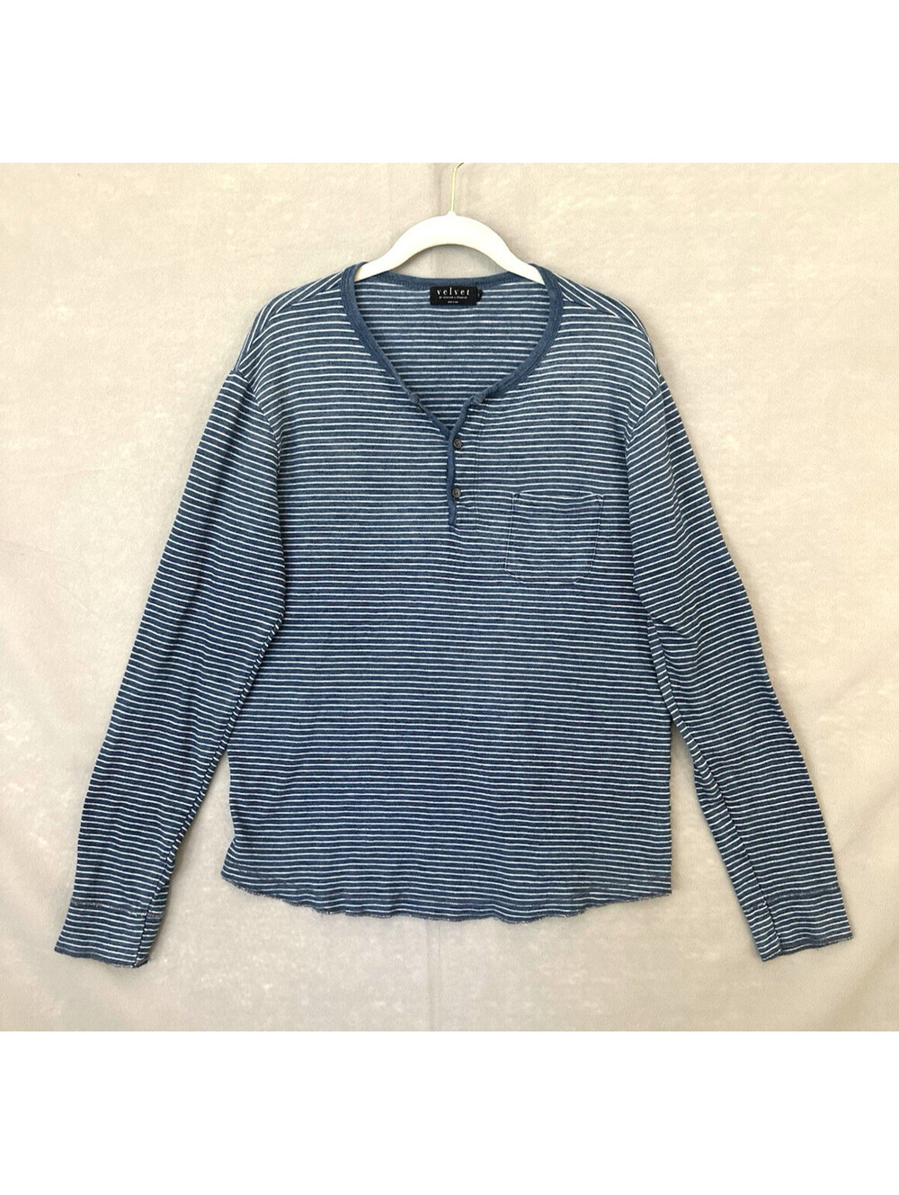 Velvet Graham Spencer Mens Blue Striped Henley Long Sleeve Top Size Large